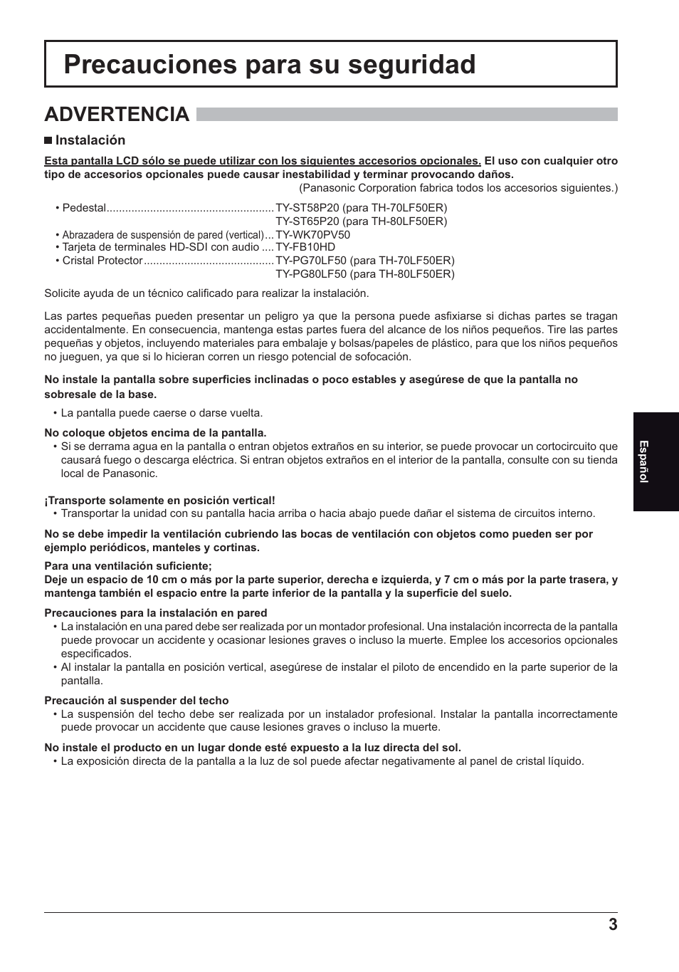 Precauciones para su seguridad, Advertencia | Panasonic TH70LF50ER User Manual | Page 45 / 56