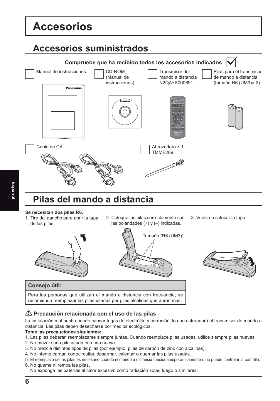 Accesorios, Accesorios suministrados, Pilas del mando a distancia | Panasonic TH70LF50ER User Manual | Page 48 / 56