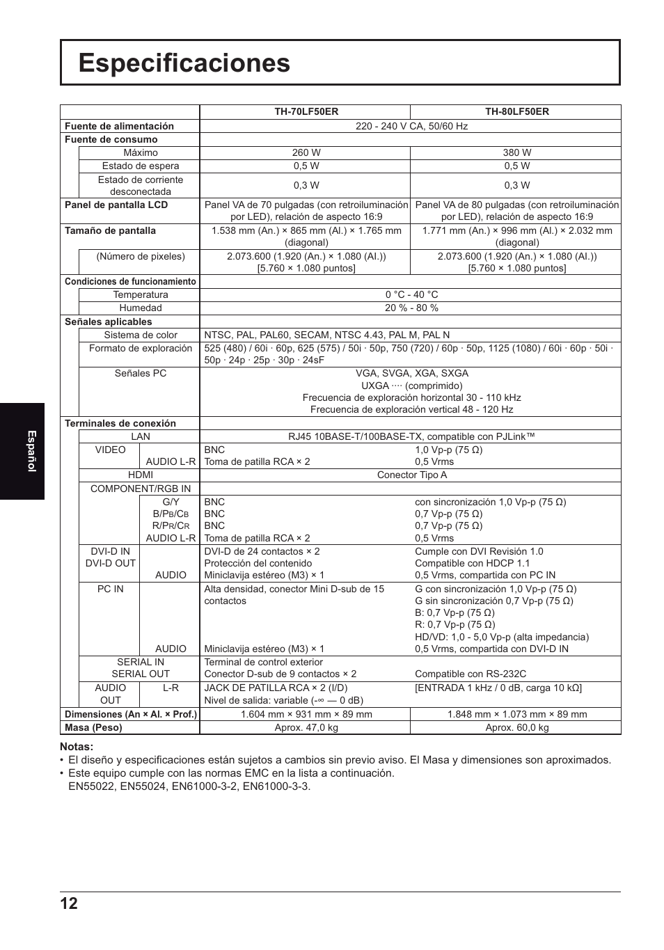 Especi¿ caciones | Panasonic TH70LF50ER User Manual | Page 54 / 56