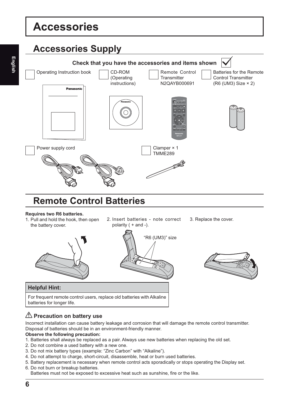 Accessories, Accessories supply, Remote control batteries | Panasonic TH70LF50ER User Manual | Page 6 / 56