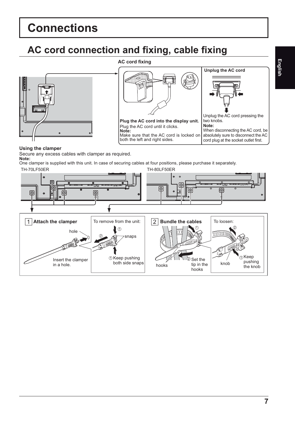 Connections, Ac cord connection and ¿ xing, cable ¿ xing | Panasonic TH70LF50ER User Manual | Page 7 / 56