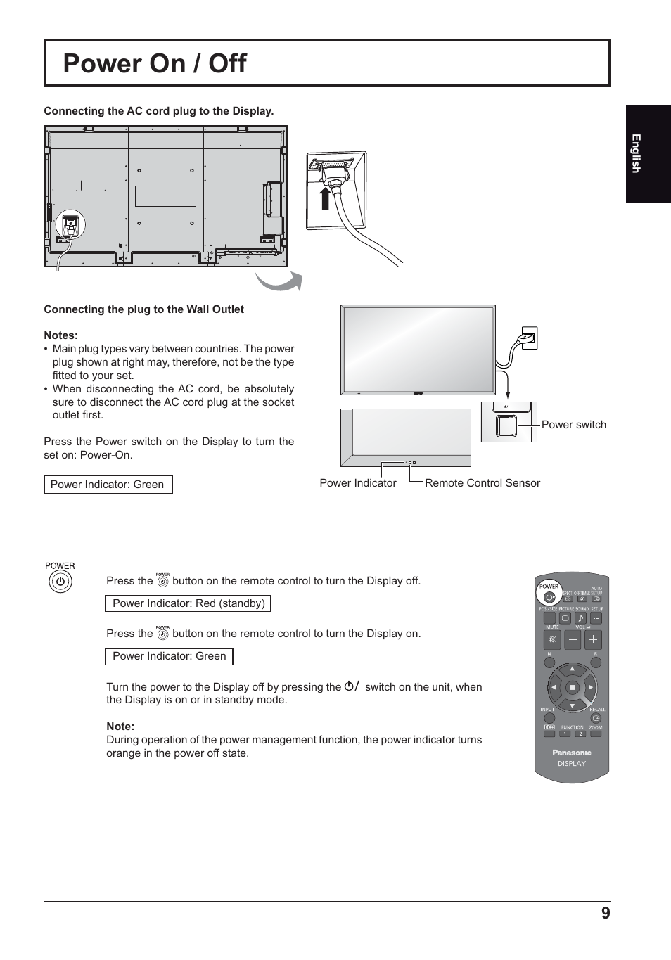 Power on / off | Panasonic TH70LF50ER User Manual | Page 9 / 56