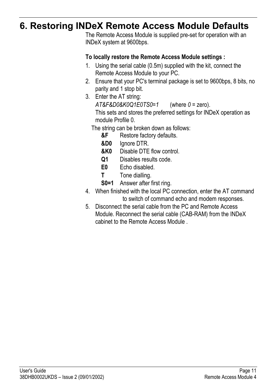 Restoring index remote access module defaults | Avaya Remote Access Module 4 User Manual | Page 11 / 12