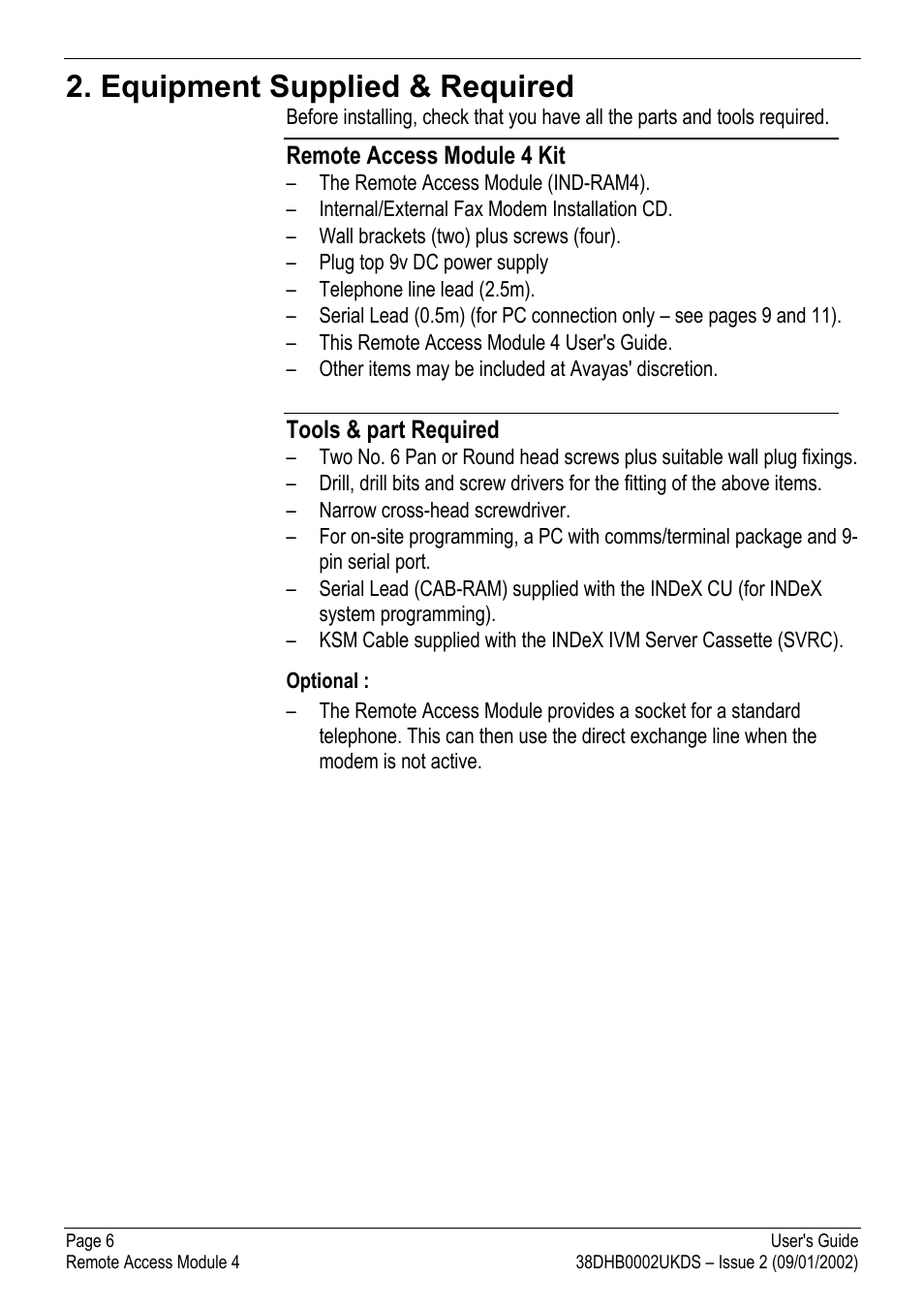 Equipment supplied & required, Remote access module 4 kit, Tools & part required | Avaya Remote Access Module 4 User Manual | Page 6 / 12