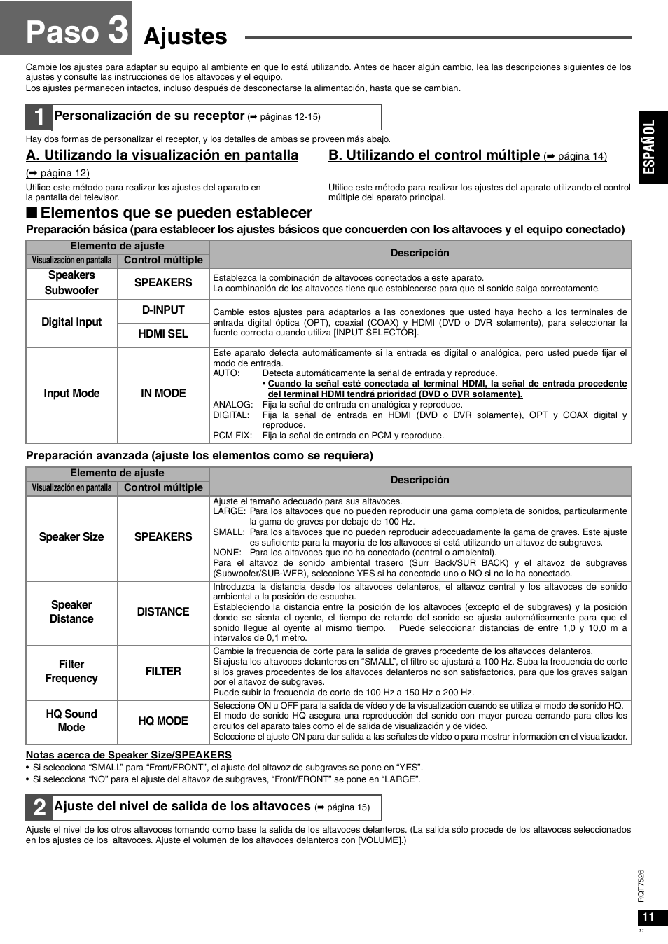Paso, Ajustes, Nelementos que se pueden establecer | Es pa ñol | Panasonic SAXR70 User Manual | Page 11 / 29