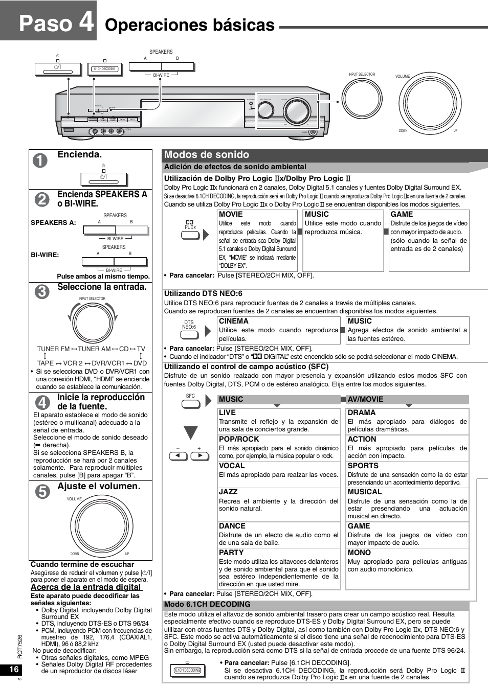 Paso, Operaciones básicas, Modos de sonido | Encienda. encienda speakers a o bi-wire, Seleccione la entrada, Inicie la reproducción de la fuente, Ajuste el volumen, Acerca de la entrada digital | Panasonic SAXR70 User Manual | Page 16 / 29