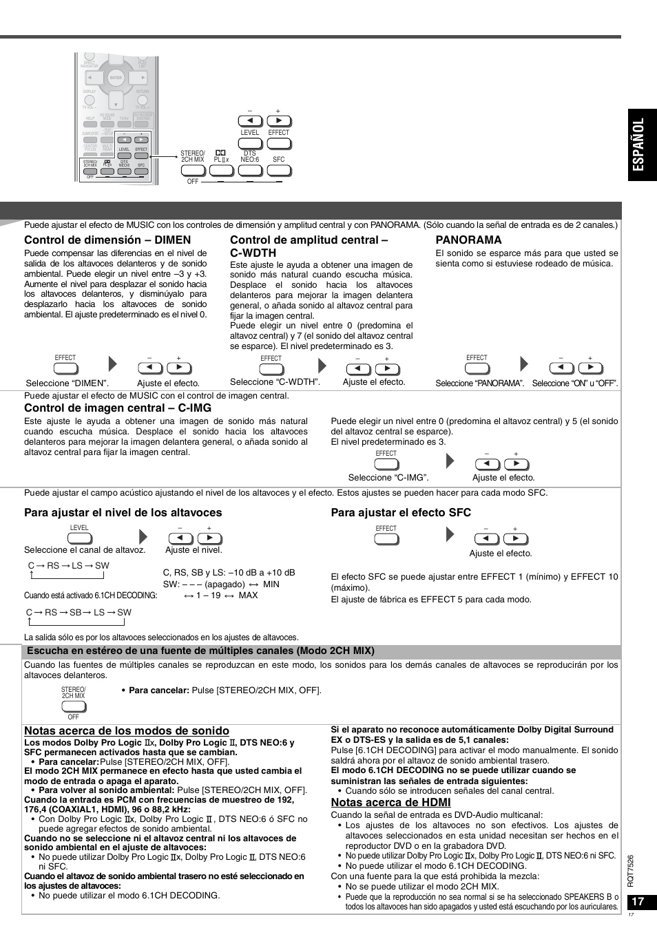 Es pa ñol, Control de dimensión – dimen, Control de amplitud central – c-wdth | Panorama, Control de imagen central – c-img, Para ajustar el nivel de los altavoces, Para ajustar el efecto sfc, Notas acerca de los modos de sonido, Notas acerca de hdmi | Panasonic SAXR70 User Manual | Page 17 / 29