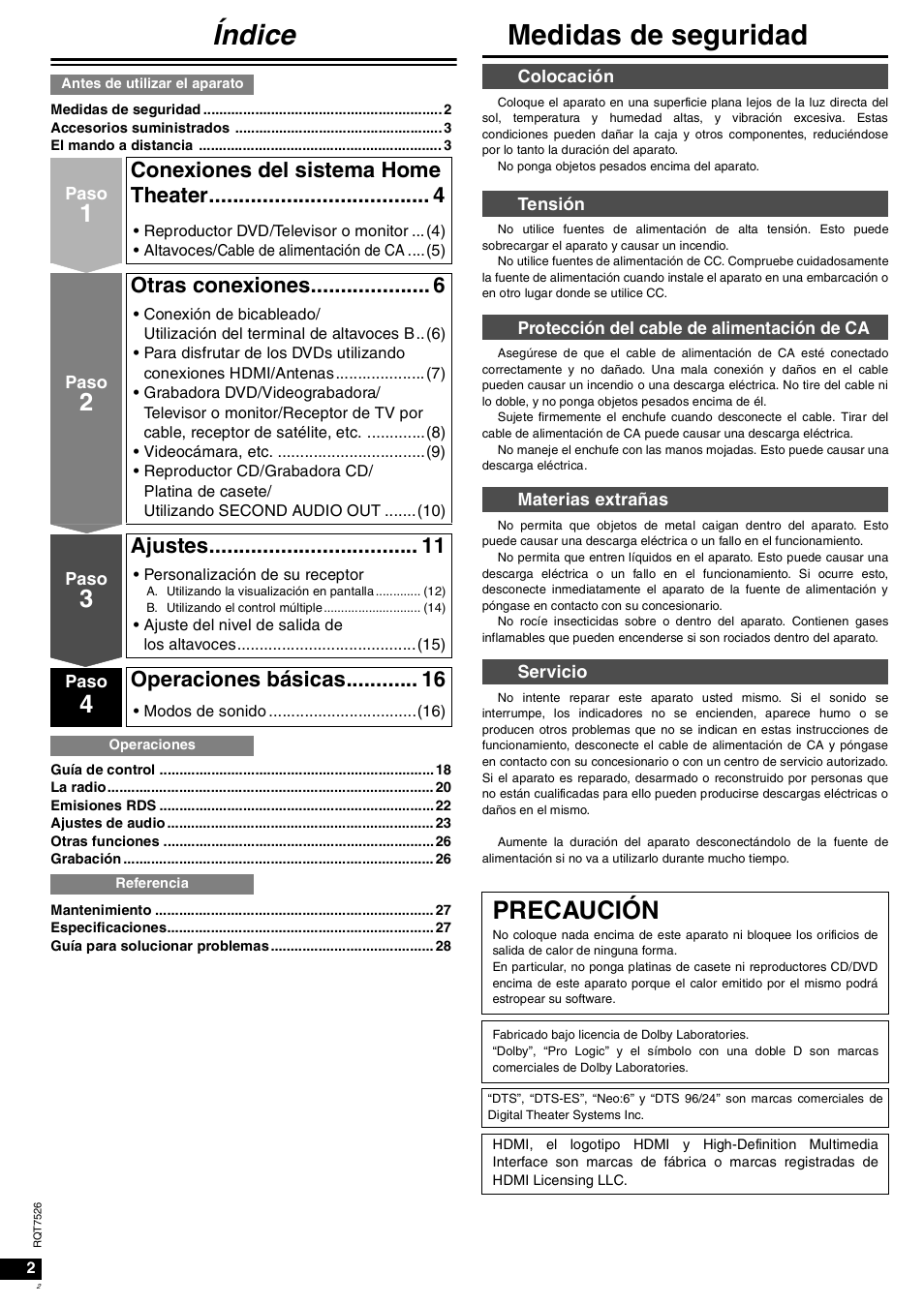 Índice, Medidas de seguridad, Precaución | Conexiones del sistema home theater, Otras conexiones, Ajustes, Operaciones básicas | Panasonic SAXR70 User Manual | Page 2 / 29
