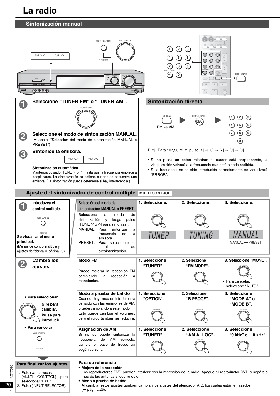 Tuner tuning, Manual, La radio | Sintonización manual, Sintonización directa, Ajuste del sintonizador de control múltiple, Seleccione “tuner fm” o “tuner am, Seleccione el modo de sintonización manual, Sintonice la emisora, Cambie los ajustes | Panasonic SAXR70 User Manual | Page 20 / 29