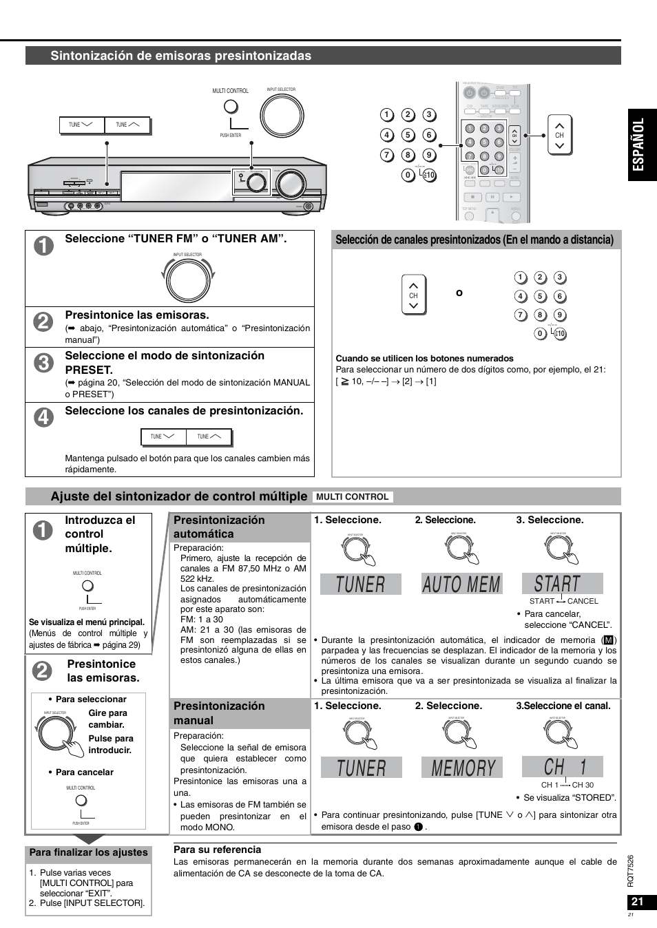 Tuner auto mem, Start, Tuner | Ch 1, Es pa ñol, Sintonización de emisoras presintonizadas, Ajuste del sintonizador de control múltiple, Seleccione “tuner fm” o “tuner am, Presintonice las emisoras, Seleccione el modo de sintonización preset | Panasonic SAXR70 User Manual | Page 21 / 29