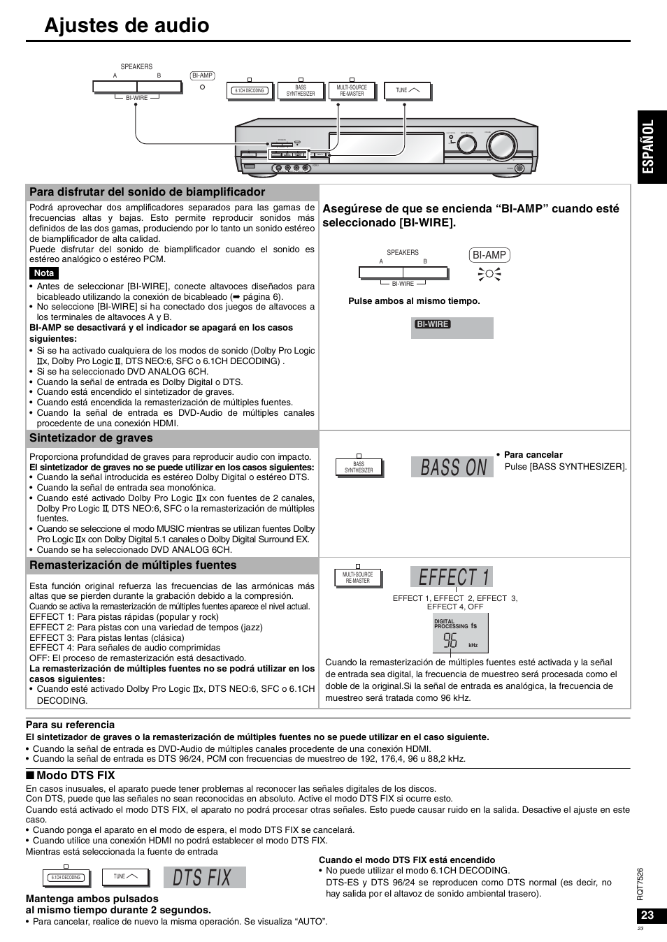 Bass on, Effect 1, Dts fix | Ajustes de audio, Es pa ñol, Para disfrutar del sonido de biamplificador, Sintetizador de graves, Remasterización de múltiples fuentes, Nmodo dts fix, Bi-amp | Panasonic SAXR70 User Manual | Page 23 / 29