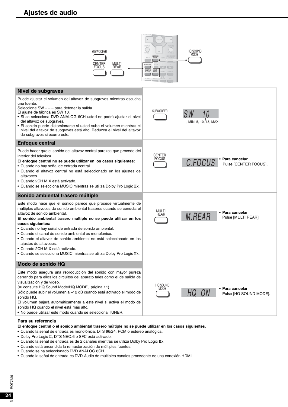 Sw 10, C.focus, M.rear | Hq on, Ajustes de audio, Nivel de subgraves, Enfoque central, Sonido ambiental trasero múltiple, Modo de sonido hq | Panasonic SAXR70 User Manual | Page 24 / 29