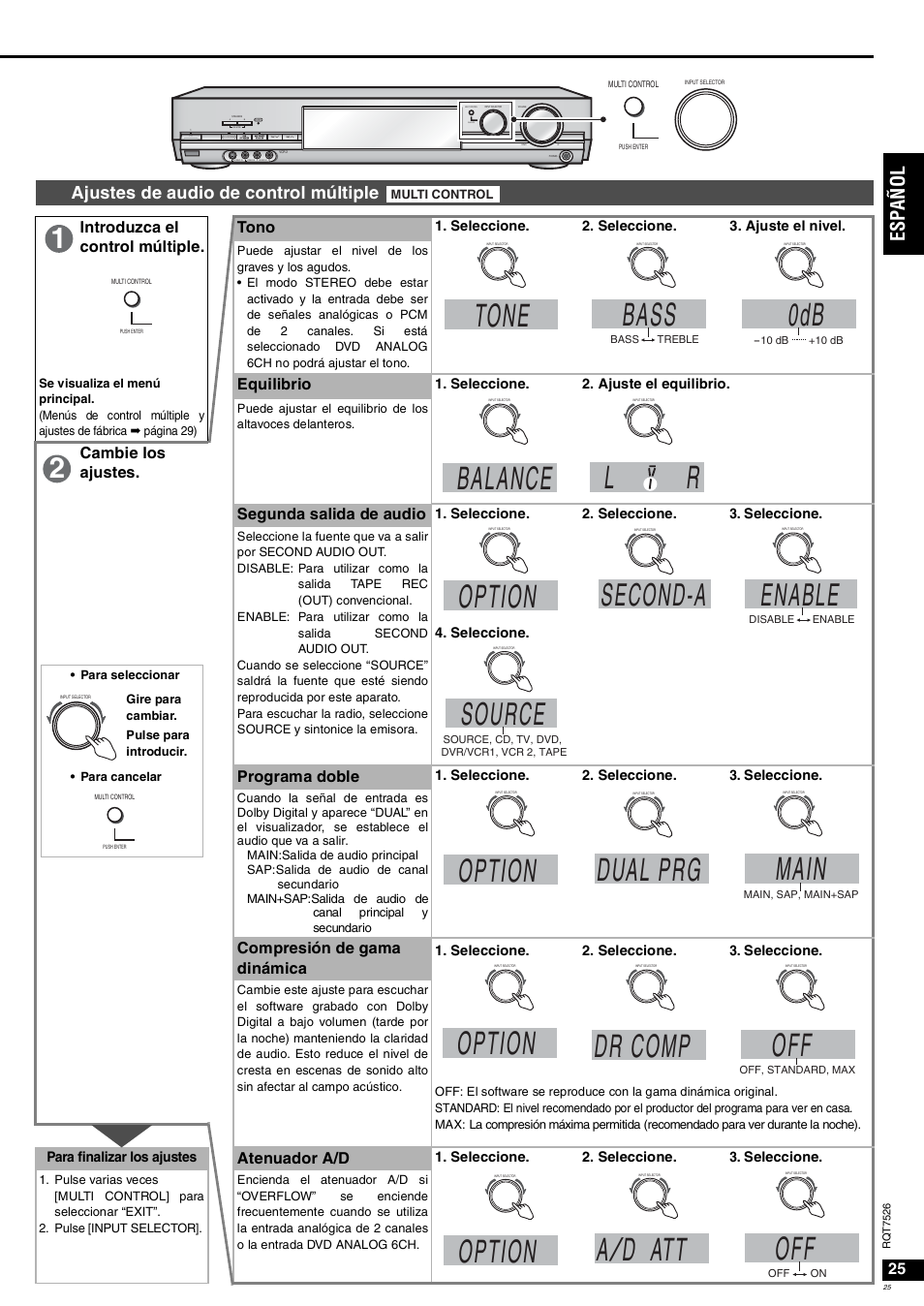 Tone, Bass, Balance | Option, Dual prg, Main, Dr comp, A/ d att, Second-a, Enable | Panasonic SAXR70 User Manual | Page 25 / 29
