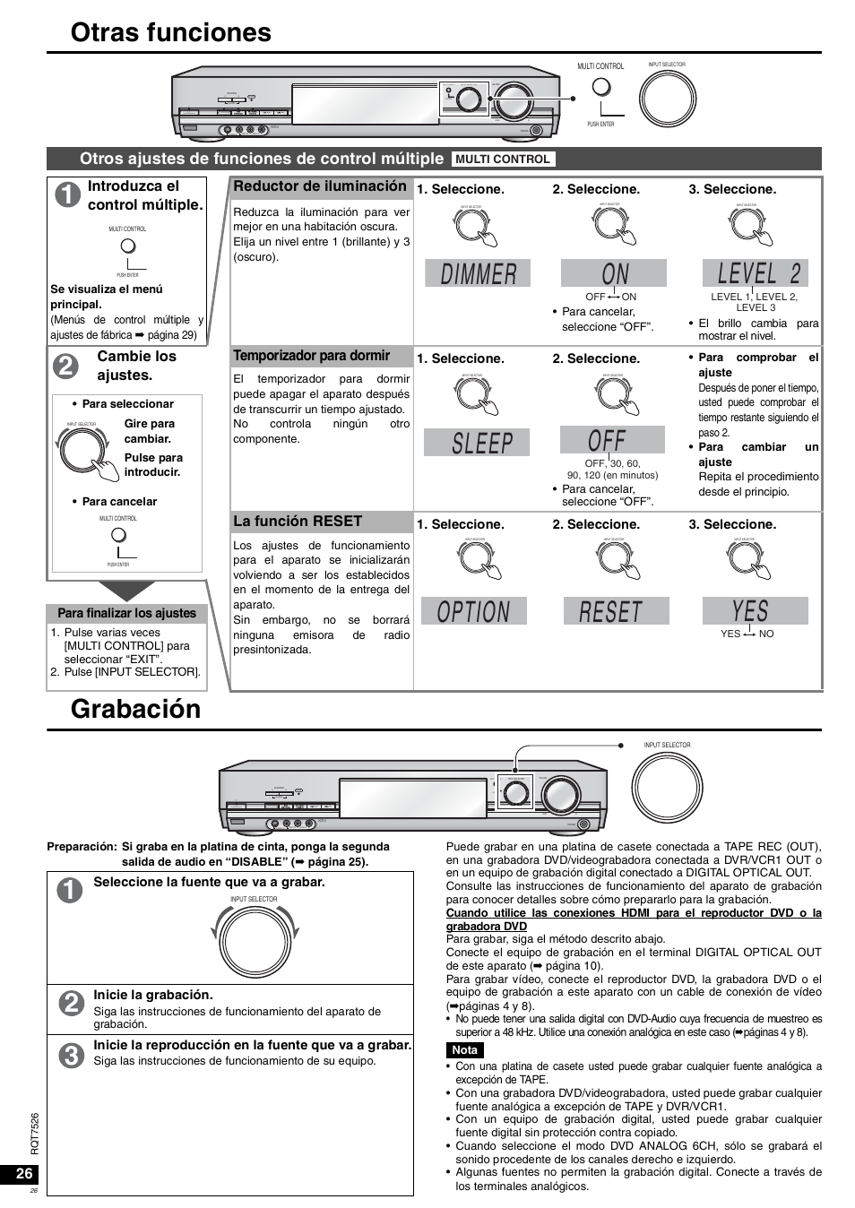 Dimmer, Level 2, Sleep | Option, Reset, Otras funciones grabación, Otros ajustes de funciones de control múltiple, Cambie los ajustes. temporizador para dormir, La función reset | Panasonic SAXR70 User Manual | Page 26 / 29