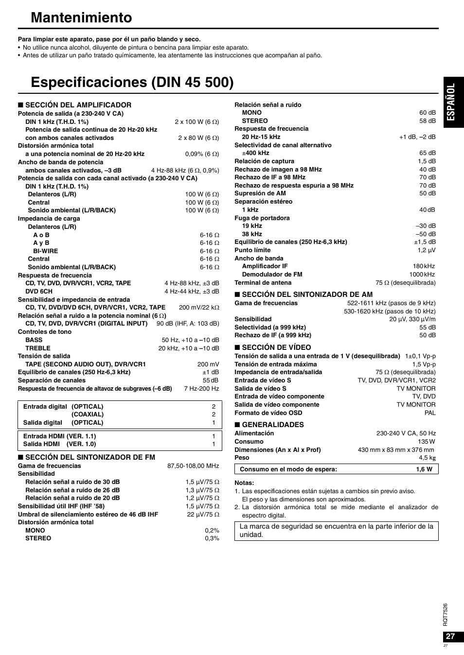 Mantenimiento, Es pa ñol | Panasonic SAXR70 User Manual | Page 27 / 29