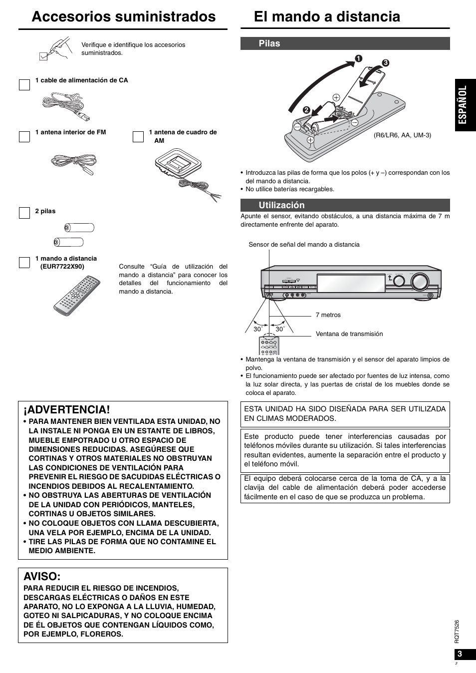 Accesorios suministrados, El mando a distancia, Advertencia | Aviso, Es pa ñol, Pilas utilización | Panasonic SAXR70 User Manual | Page 3 / 29