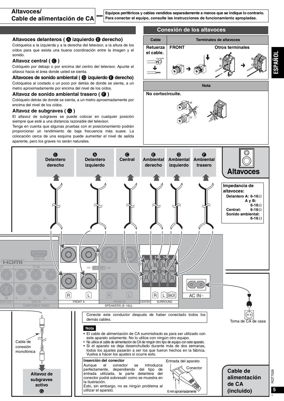 Altavoces, Es pa ñol, Altavoces/ cable de alimentación de ca | Conexión de los altavoces, Cable de alimentación de ca (incluido) | Panasonic SAXR70 User Manual | Page 5 / 29