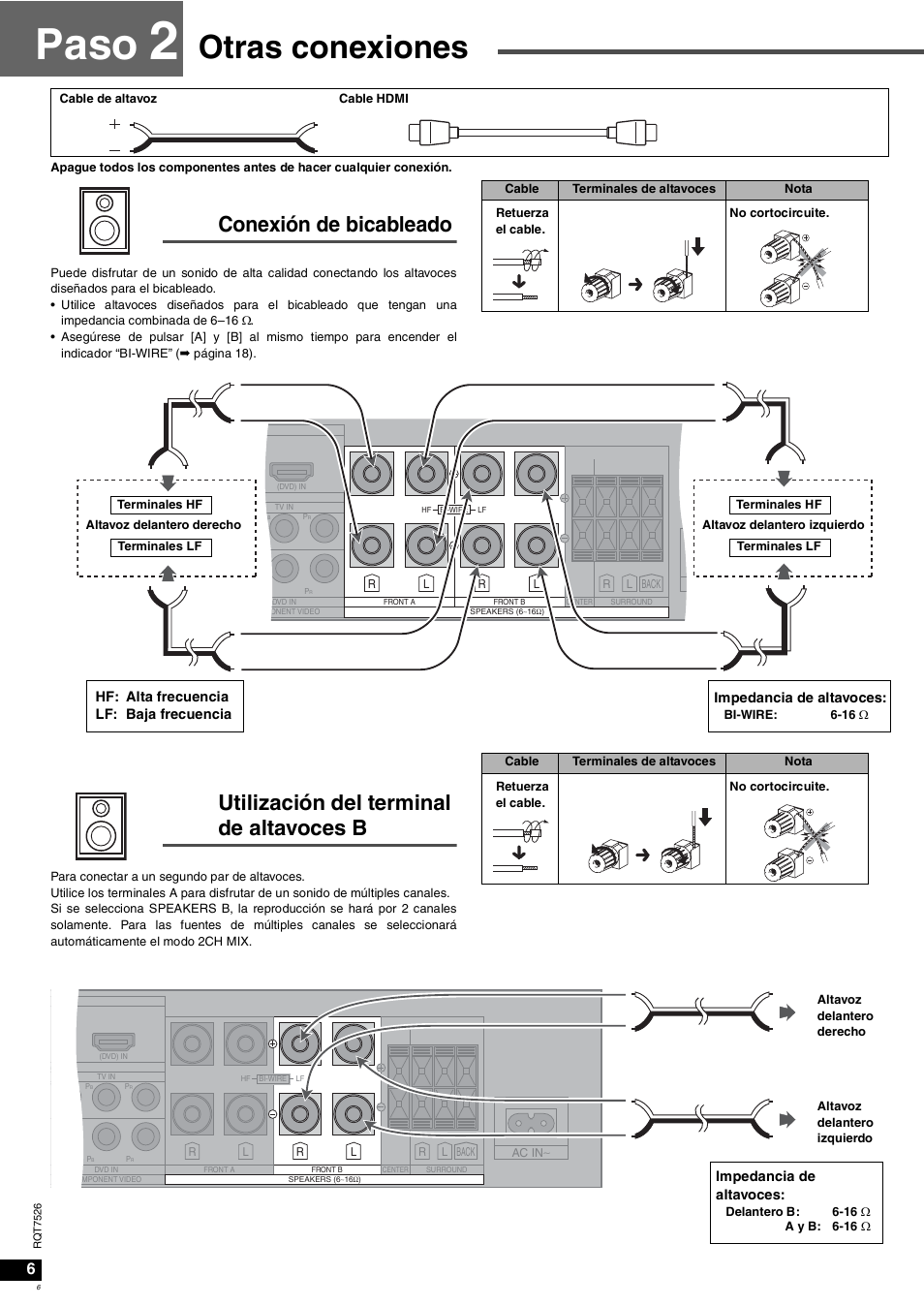 Paso, Otras conexiones, Conexión de bicableado | Utilización del terminal de altavoces b | Panasonic SAXR70 User Manual | Page 6 / 29