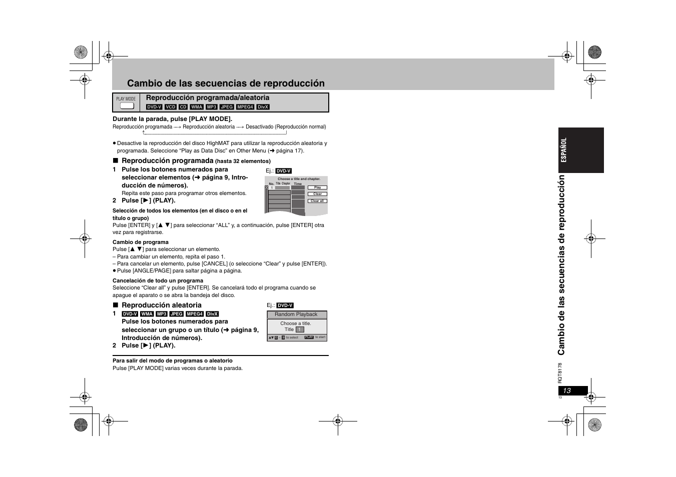 Cambio de las secuencias de reproducción, Cambi o de la s secu encias de repr oducción | Panasonic DVDS295EG User Manual | Page 13 / 72