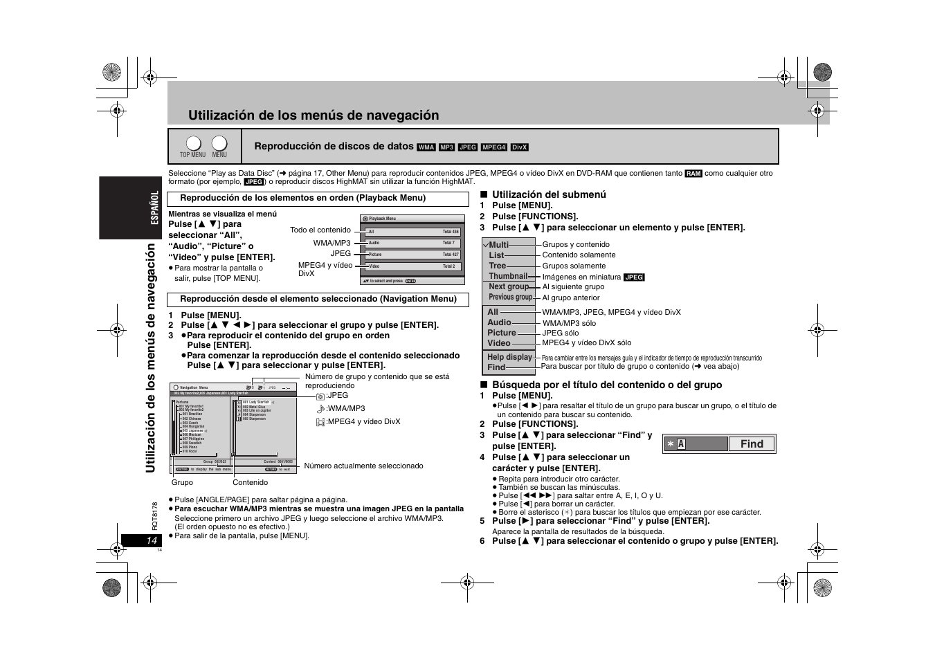 Utilización de los menús de navegación, Find | Panasonic DVDS295EG User Manual | Page 14 / 72