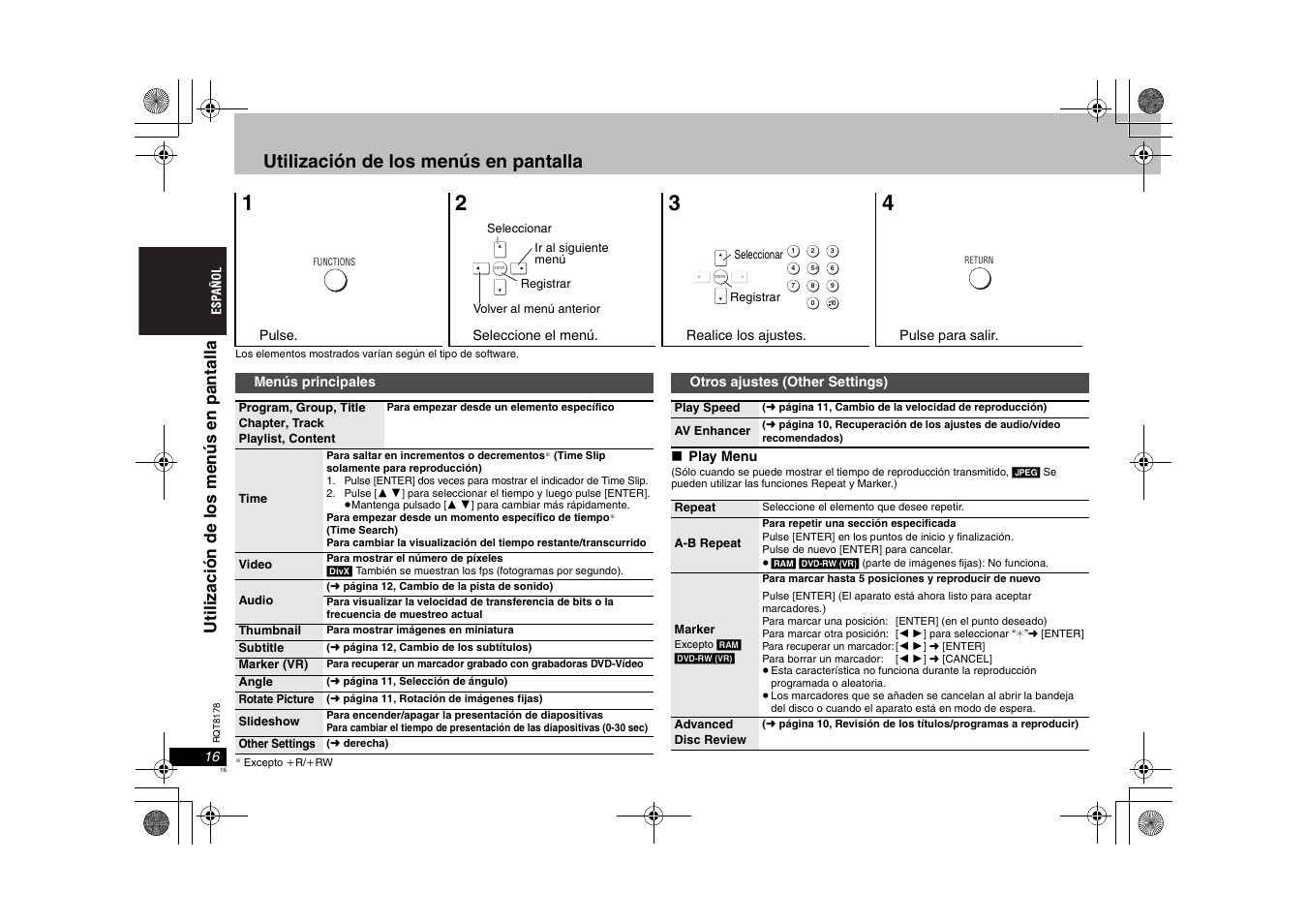 Utilización de los menús en pantalla, Uti li z aci ón de los men ús en pa ntal la | Panasonic DVDS295EG User Manual | Page 16 / 72