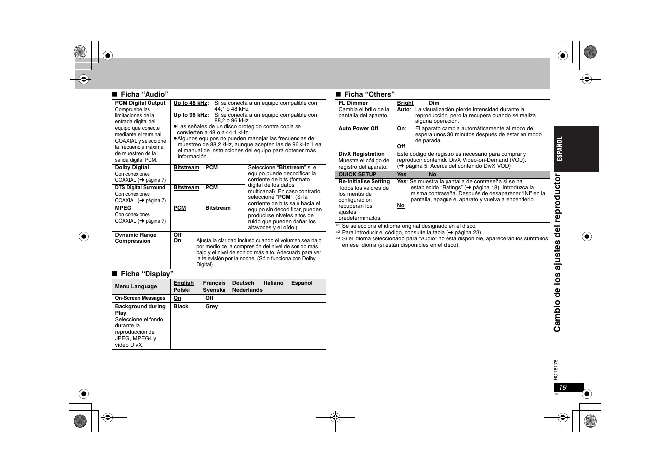 Ca m b io de los aj ust es del repr oduc tor | Panasonic DVDS295EG User Manual | Page 19 / 72