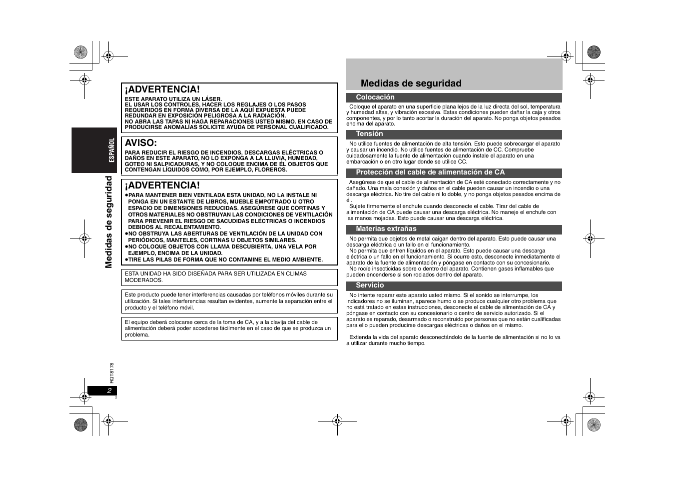 Advertencia, Aviso, Medidas de seguridad | Medida s de segur idad | Panasonic DVDS295EG User Manual | Page 2 / 72