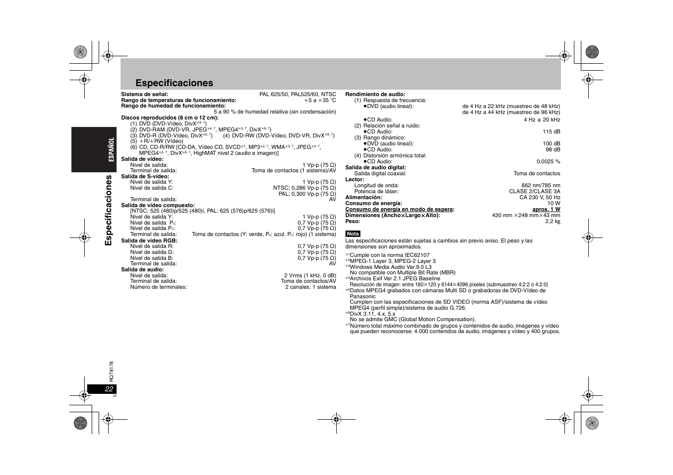 Especificaciones, Espe cif icac iones | Panasonic DVDS295EG User Manual | Page 22 / 72