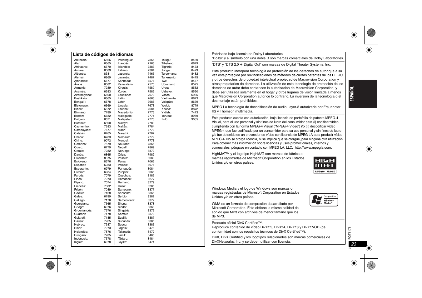 Lista de códigos de idiomas | Panasonic DVDS295EG User Manual | Page 23 / 72