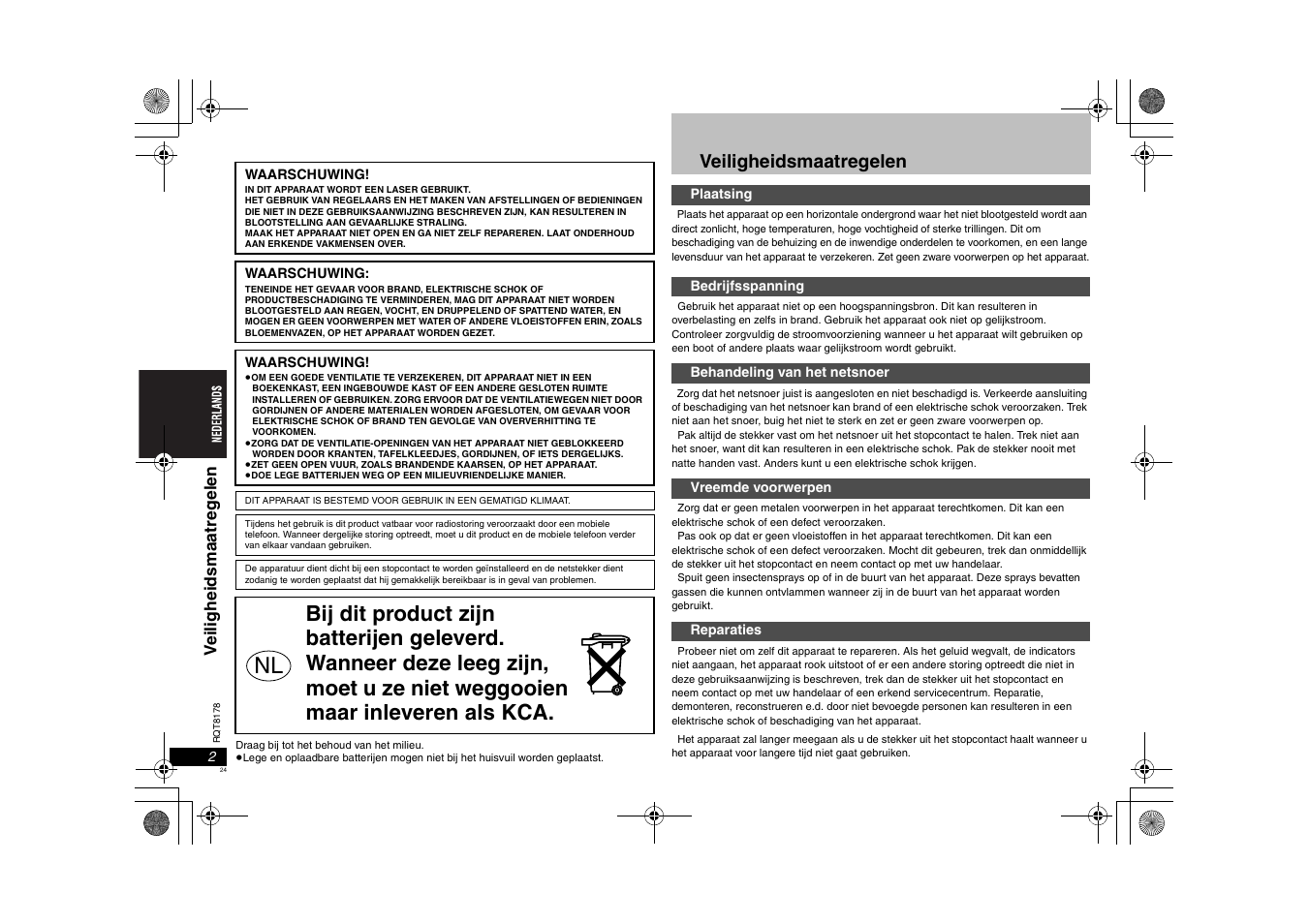 Veiligheidsmaatregelen | Panasonic DVDS295EG User Manual | Page 24 / 72