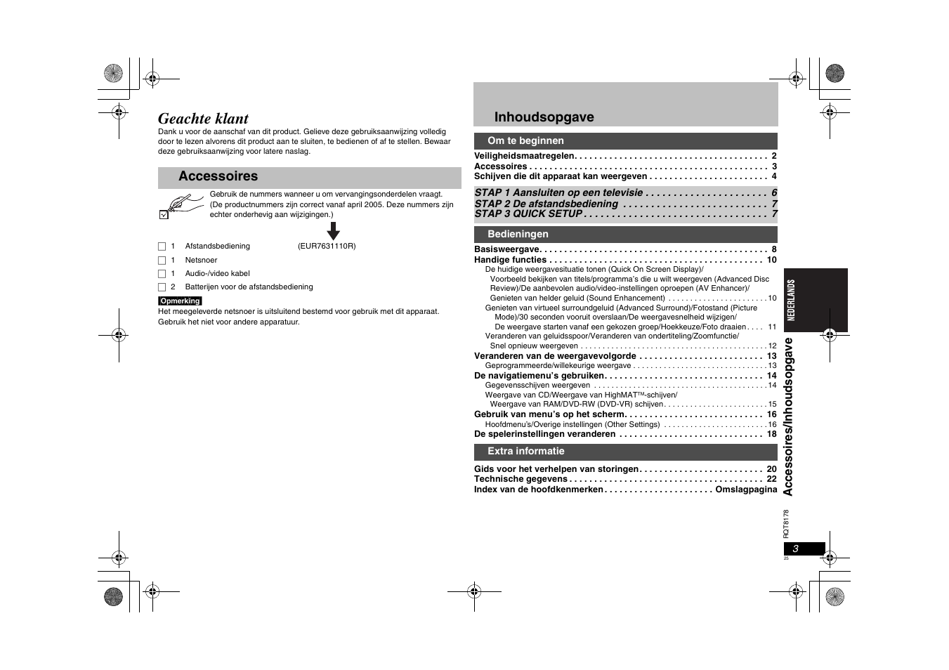 Geachte klant, Accessoires inhoudsopgave, Acce ssoir es /inhouds opga ve | Panasonic DVDS295EG User Manual | Page 25 / 72