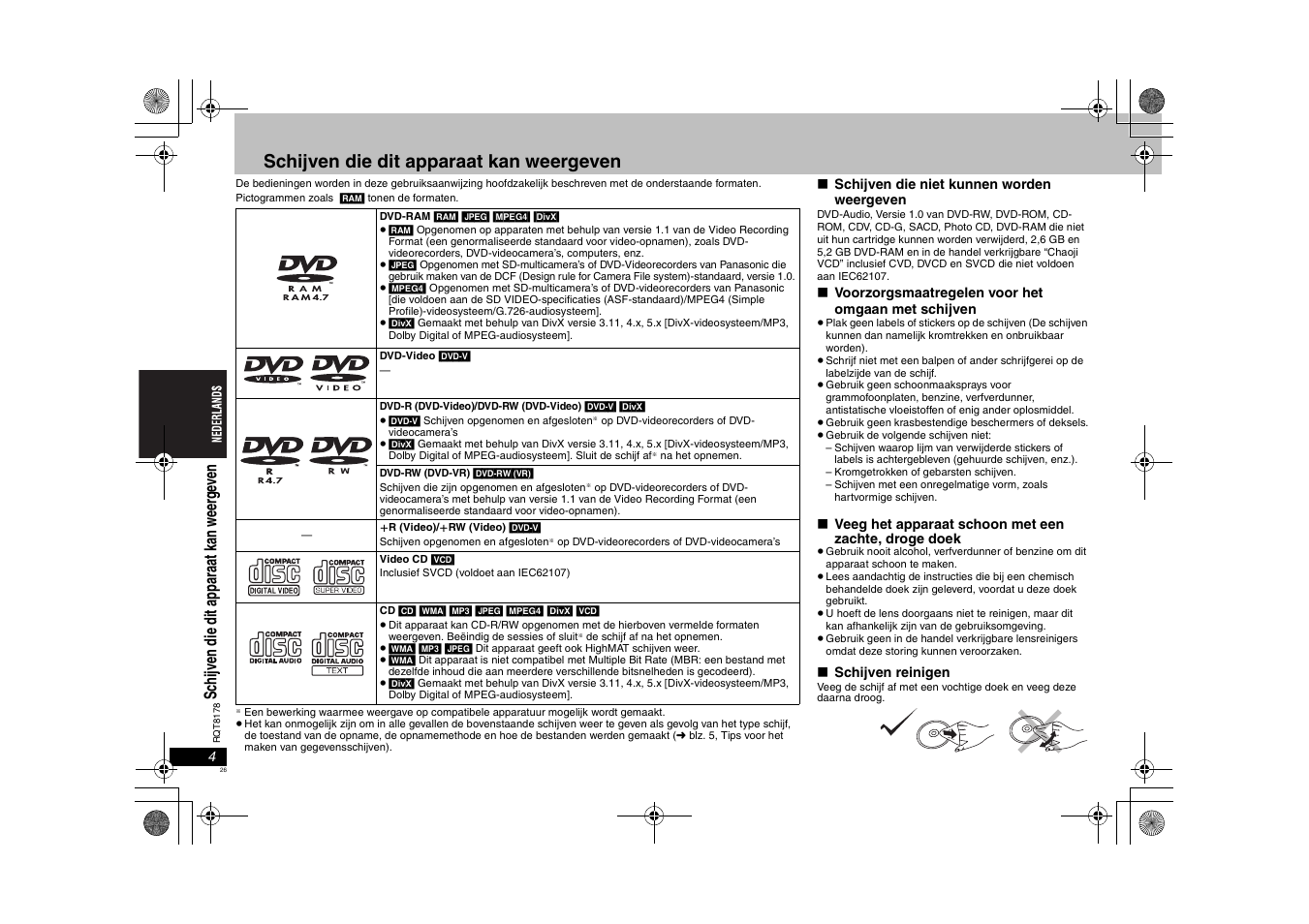 Schijven die dit apparaat kan weergeven, Schi jven d ie d it ap pa ra at ka n w eer ge ve n | Panasonic DVDS295EG User Manual | Page 26 / 72