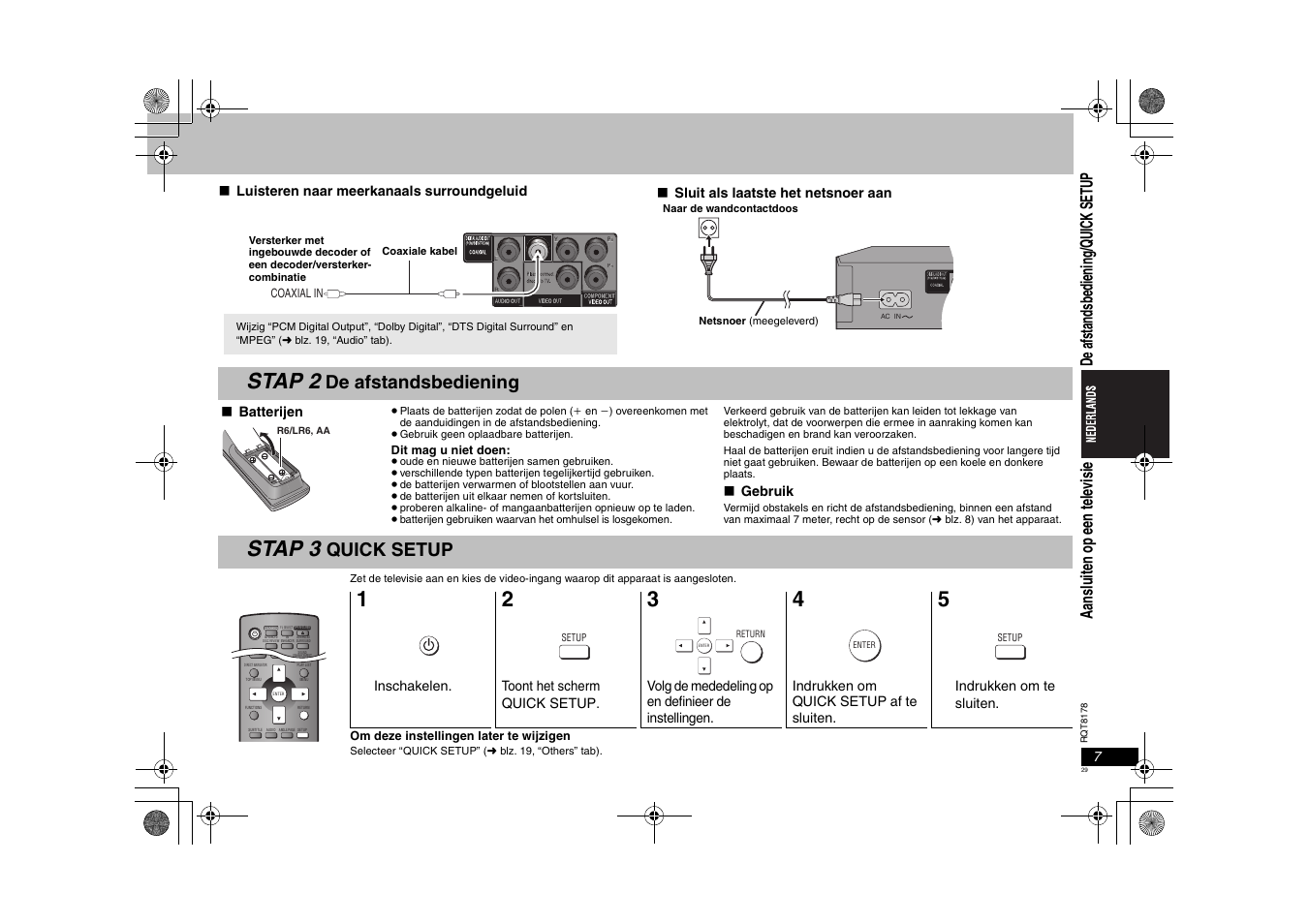Stap 2, Stap 3, De afstandsbediening | Quick setup, Aan sl ui ten op ee n tel ev isi e, De af st an ds be di en in g/ q u ick set up | Panasonic DVDS295EG User Manual | Page 29 / 72