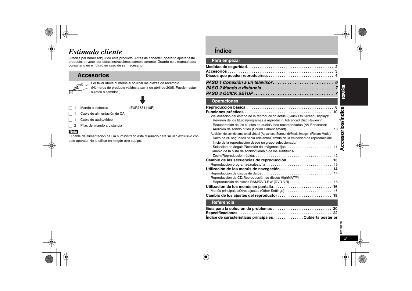 Estimado cliente, Accesorios índice, Acce sori os/ índi c e | Panasonic DVDS295EG User Manual | Page 3 / 72