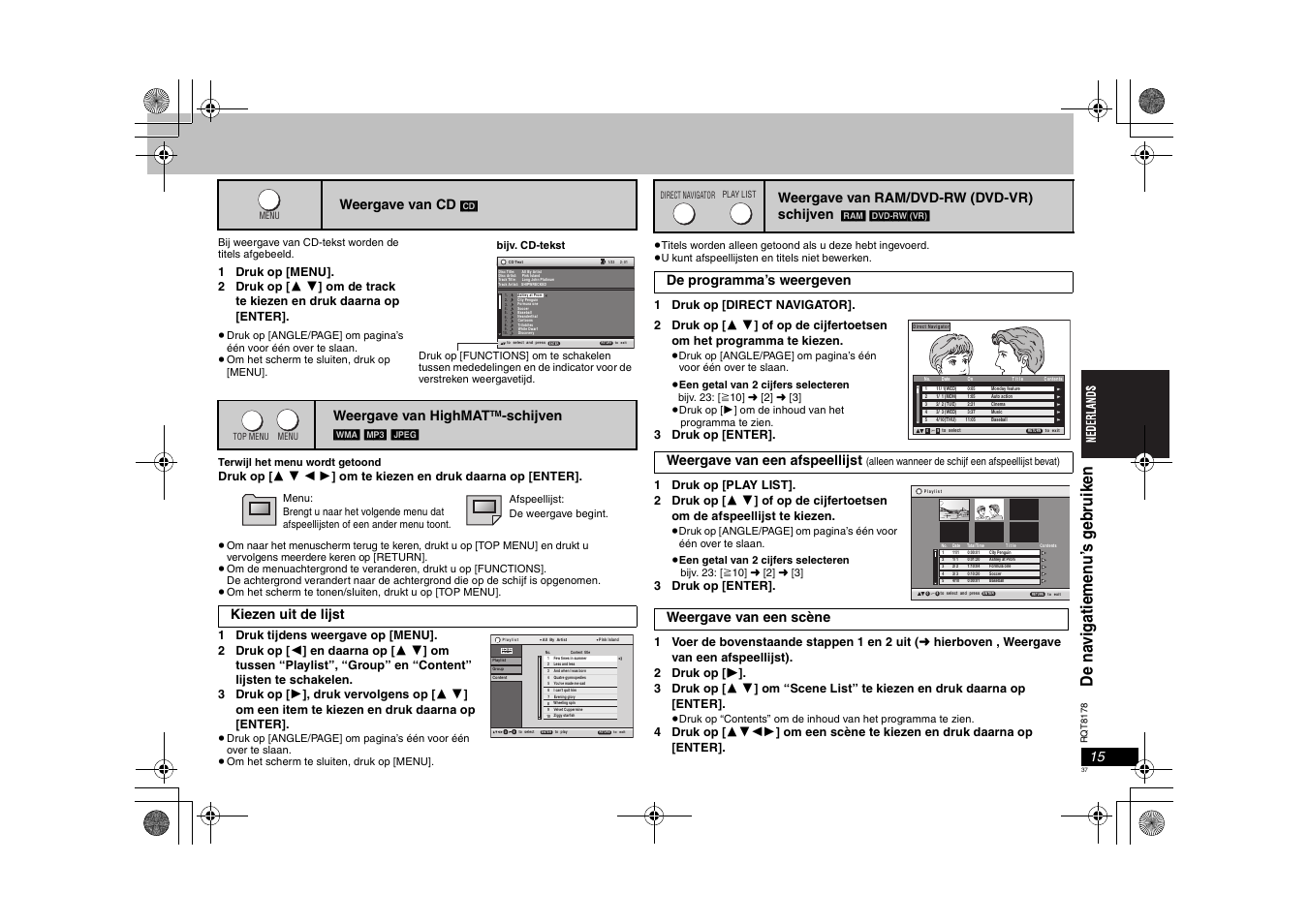 Weergave van cd, Weergave van highmat, Schijven | Kiezen uit de lijst, Weergave van ram/dvd-rw (dvd-vr) schijven, Weergave van een scène | Panasonic DVDS295EG User Manual | Page 37 / 72