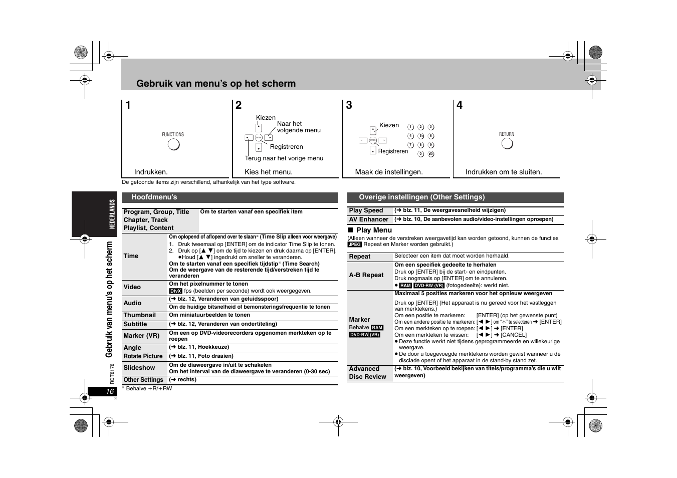 Gebruik van menu’s op het scherm, Ge br ui k v an m en u ’s op he t sc h er m | Panasonic DVDS295EG User Manual | Page 38 / 72