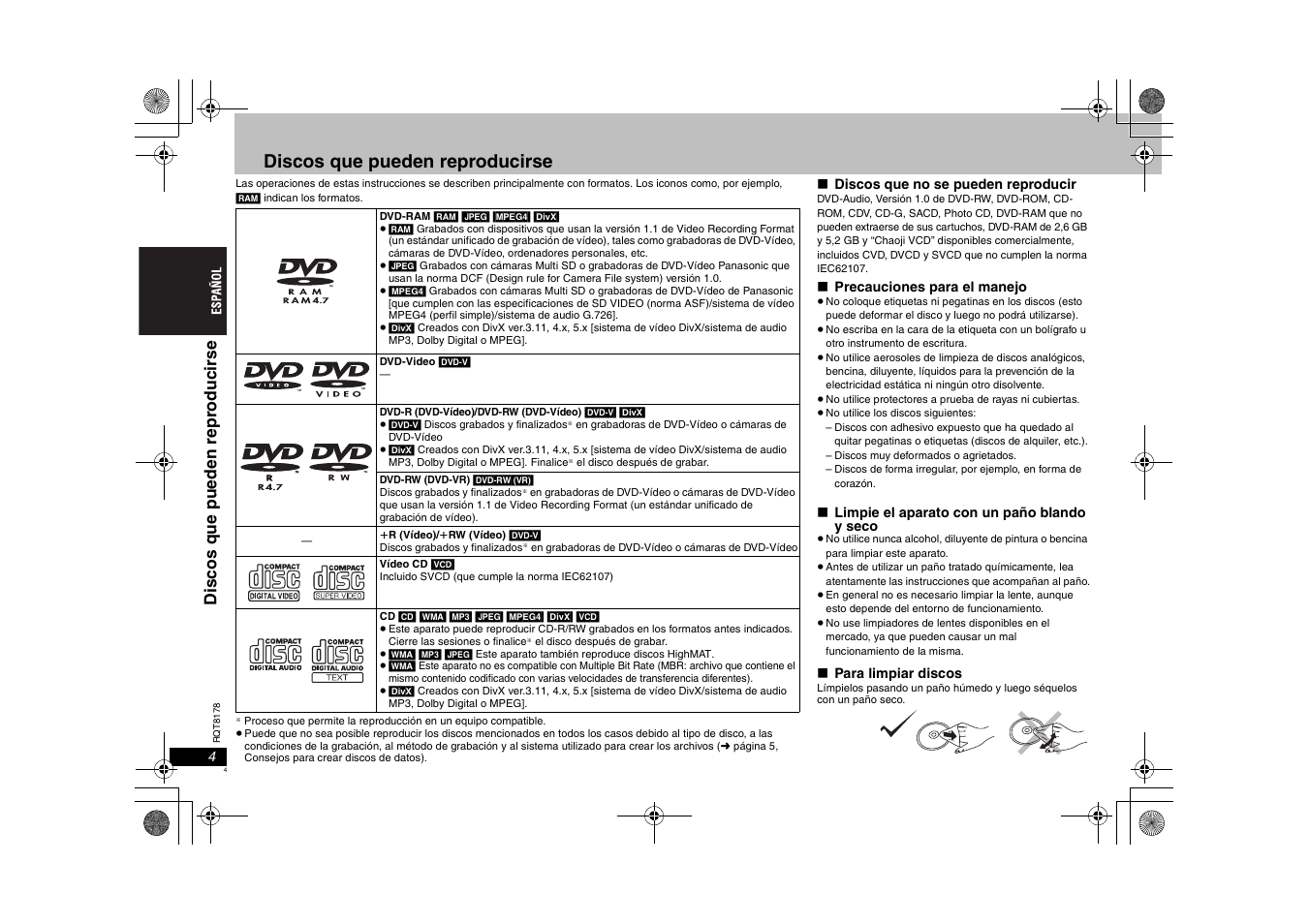 Discos que pueden reproducirse, Discos que pueden repr oducir s e | Panasonic DVDS295EG User Manual | Page 4 / 72