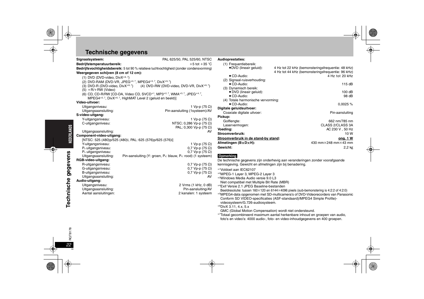 Technische gegevens, Te c hni sc he geg e ven s | Panasonic DVDS295EG User Manual | Page 44 / 72