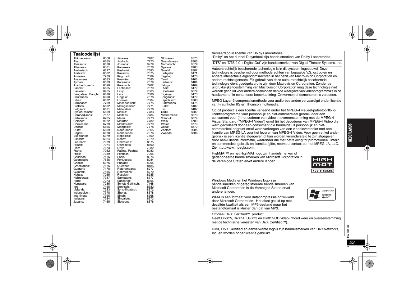 Taalcodelijst | Panasonic DVDS295EG User Manual | Page 45 / 72