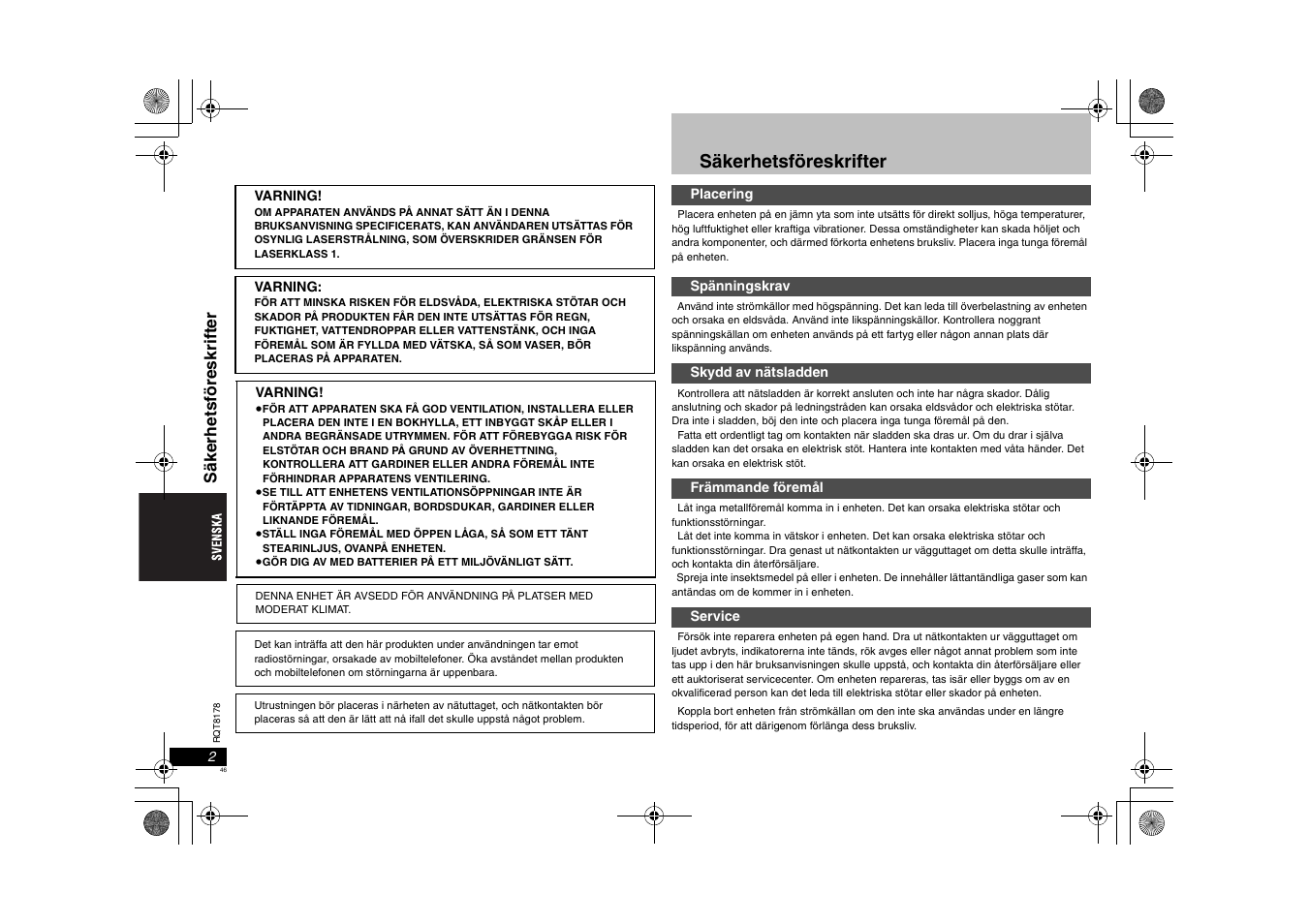 Säkerhetsföreskrifter | Panasonic DVDS295EG User Manual | Page 46 / 72