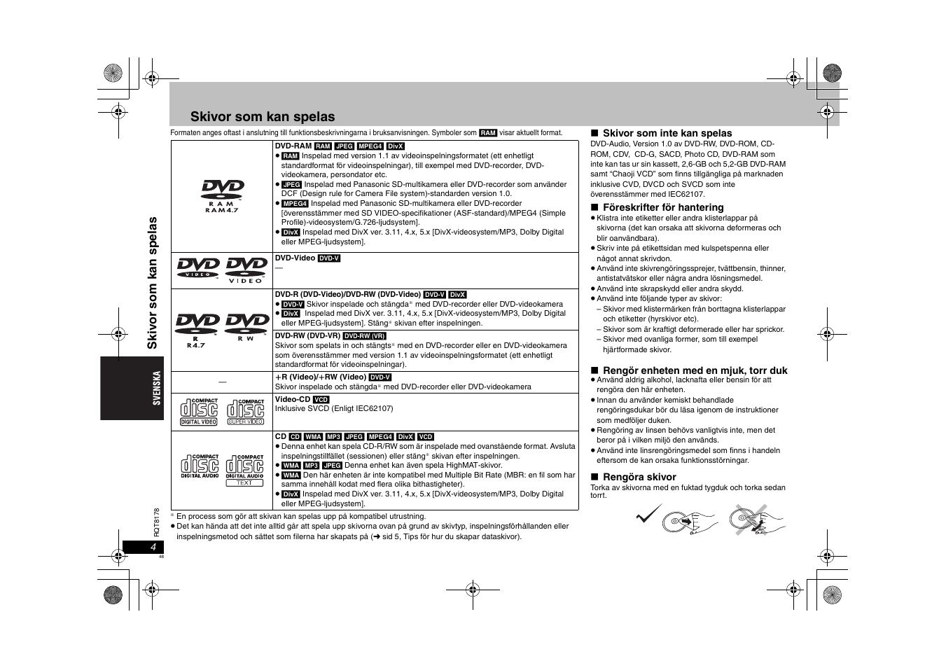 Skivor som kan spelas, Ski v or som kan spel as | Panasonic DVDS295EG User Manual | Page 48 / 72