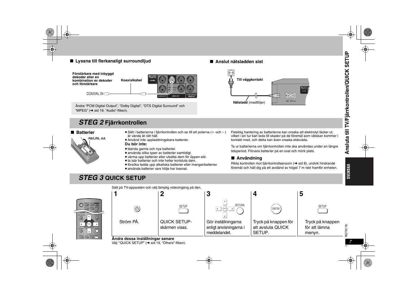 Steg 2, Steg 3, Fjärrkontrollen | Quick setup | Panasonic DVDS295EG User Manual | Page 51 / 72