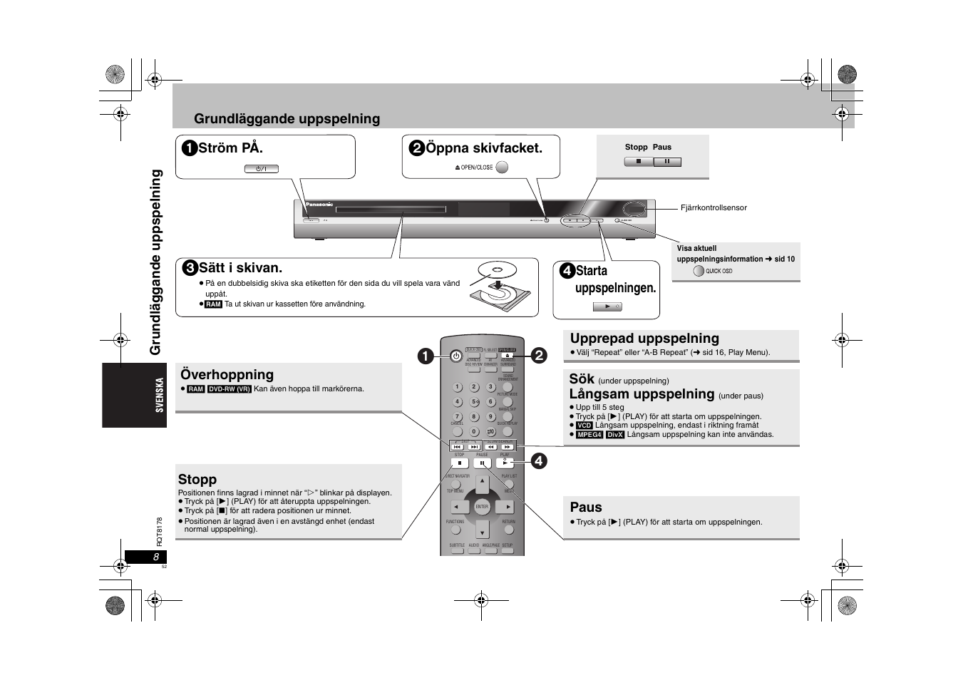 Grundläggande uppspelning, Ström på, Öppna skivfacket | Sätt i skivan, Starta uppspelningen, Överhoppning, Stopp, Långsam uppspelning, Paus, Upprepad uppspelning | Panasonic DVDS295EG User Manual | Page 52 / 72