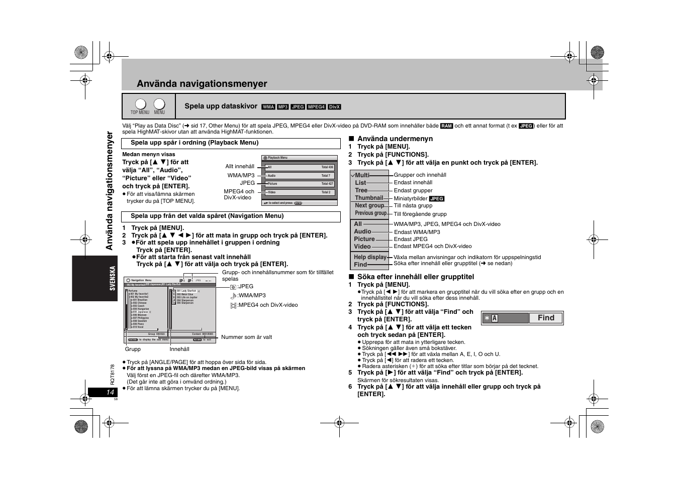 Använda navigationsmenyer, An v ända na vi gat ionsmen y e r, Find | Panasonic DVDS295EG User Manual | Page 58 / 72