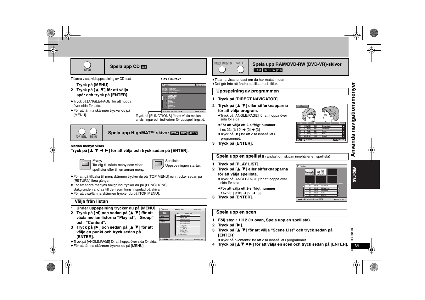 An v ända na vi gat ionsmen y e r, Spela upp cd, Spela upp highmat | Skivor, Välja från listan, Spela upp ram/dvd-rw (dvd-vr)-skivor, Uppspelning av programmen spela upp en spellista, Spela upp en scen | Panasonic DVDS295EG User Manual | Page 59 / 72