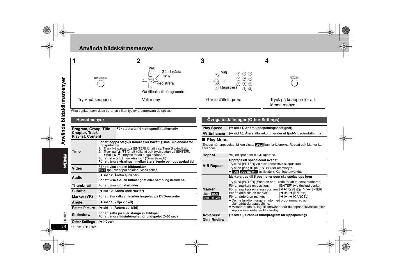 Använda bildskärmsmenyer, An v ända bil dskär m s men y er | Panasonic DVDS295EG User Manual | Page 60 / 72