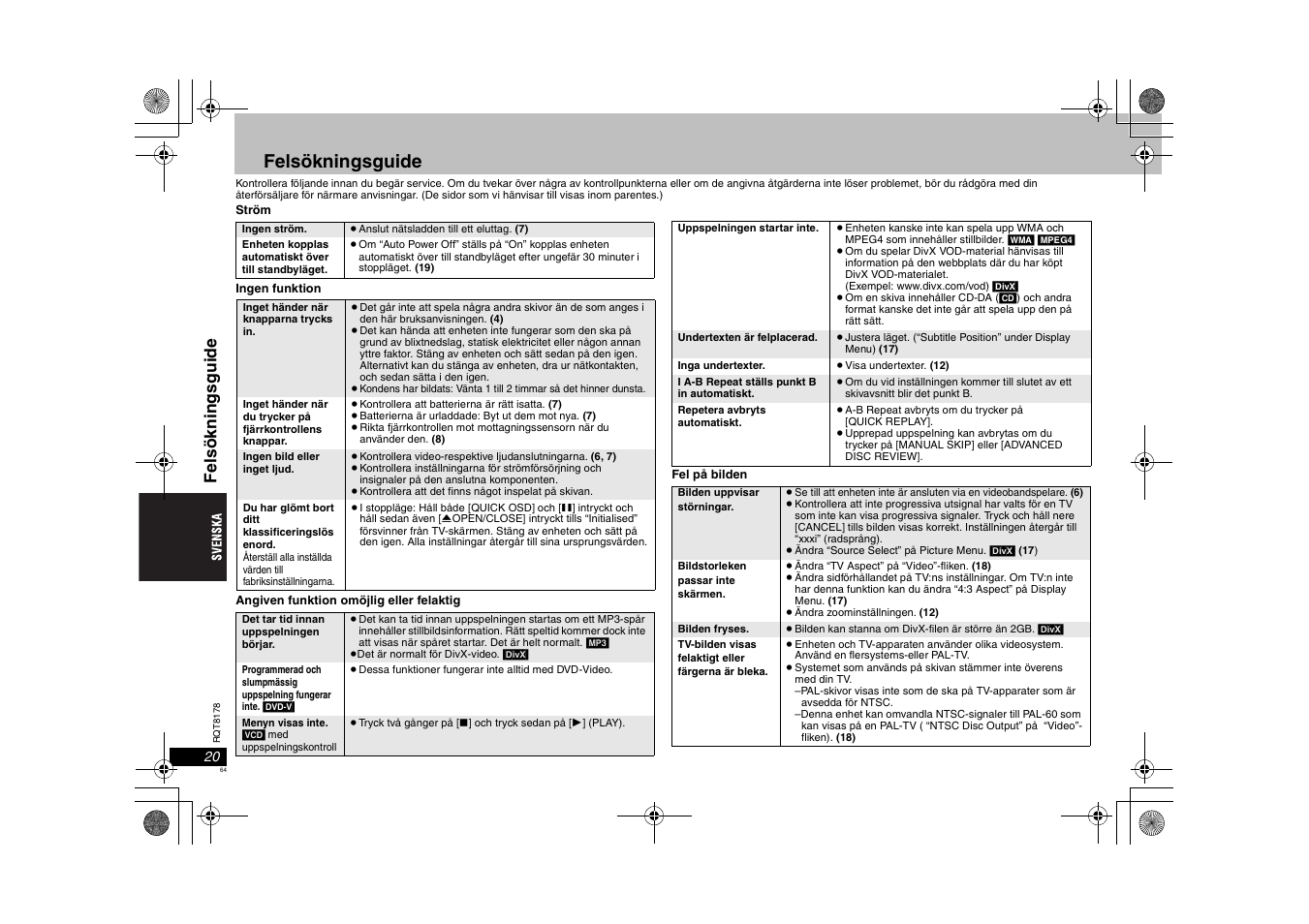 Felsökningsguide, Fe lsökni ngsgui de | Panasonic DVDS295EG User Manual | Page 64 / 72