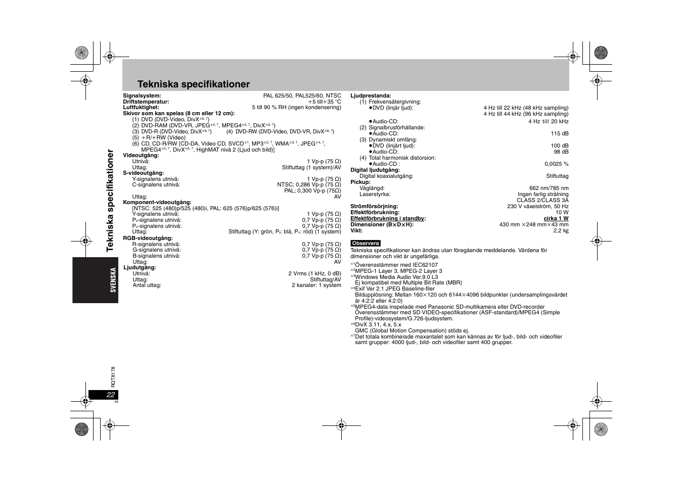 Tekniska specifikationer, Tekni ska specif ikati oner | Panasonic DVDS295EG User Manual | Page 66 / 72