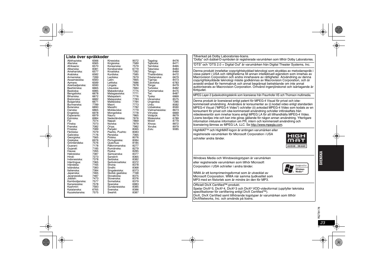 Lista över språkkoder | Panasonic DVDS295EG User Manual | Page 67 / 72