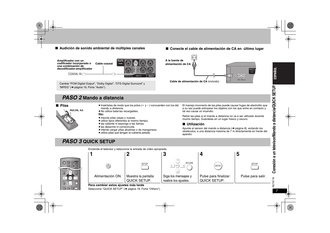 Paso 2, Paso 3, Mando a distancia | Quick setup | Panasonic DVDS295EG User Manual | Page 7 / 72